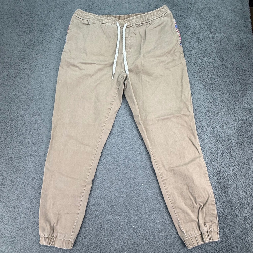 Wowie Jogger Pants Mens XL Tan Cotton Stretch Woven Pocket Trim Drawstring